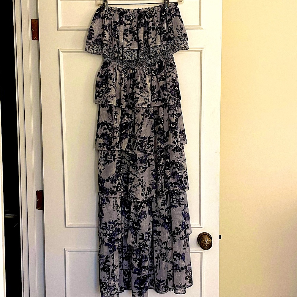 Maxi, strapless, ruffled, dress in purples and lilac colors